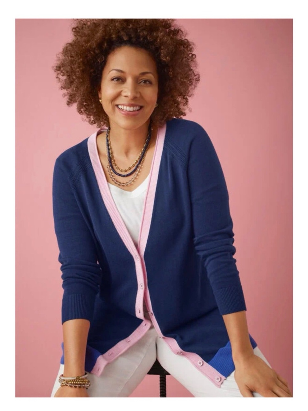 Tablots Sweater Womens India Ink/Pink Girlfriend Cardigan Tipped Vneck Small SP